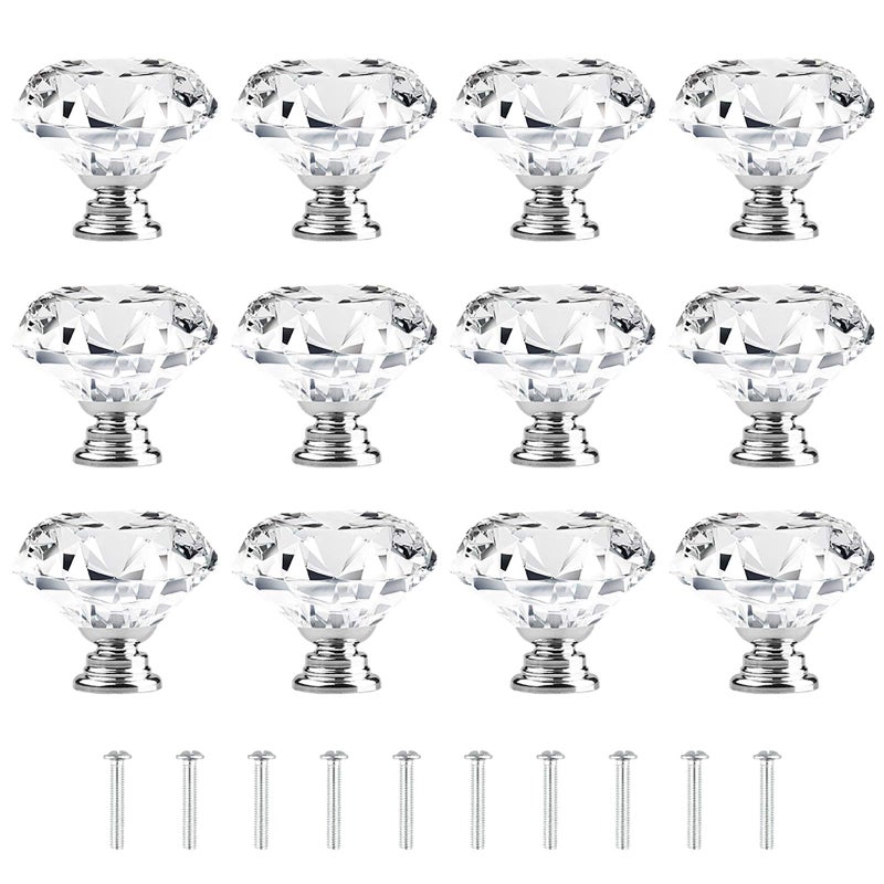 Attom Tech Home [12 PCS] 40mm Crystal Clear Glass Cabinet Drawer Pulls, Diamond Shape Cupboard Knobs with Screws for Kitchen, Dresser, Cupboard, Bathroom, Wardrobe (1.6 inch / 40mm) - Image 1
